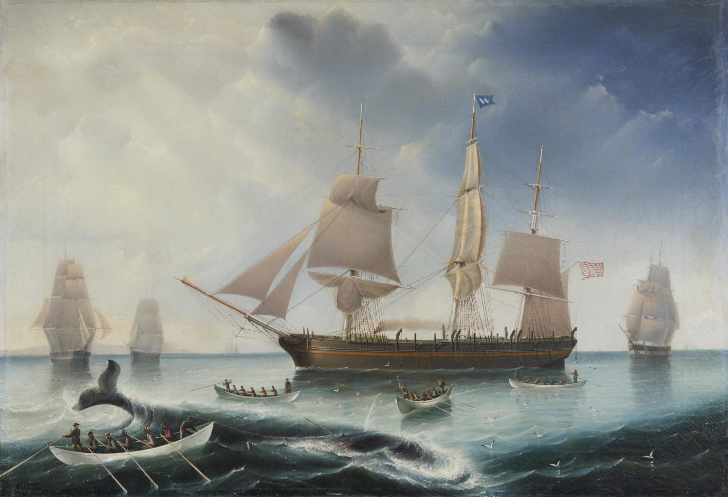 Gemälde eines Segelfisches. Drei Ruderboote mit Walfängern schwärmen aus, um einen Wal zu harpunieren. Man sieht die Schwanzflosse.