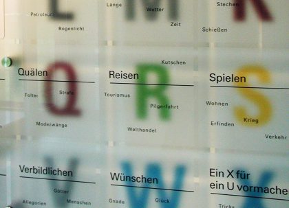 Wan mit Buchstaben und Wörtern im Schaumagazin