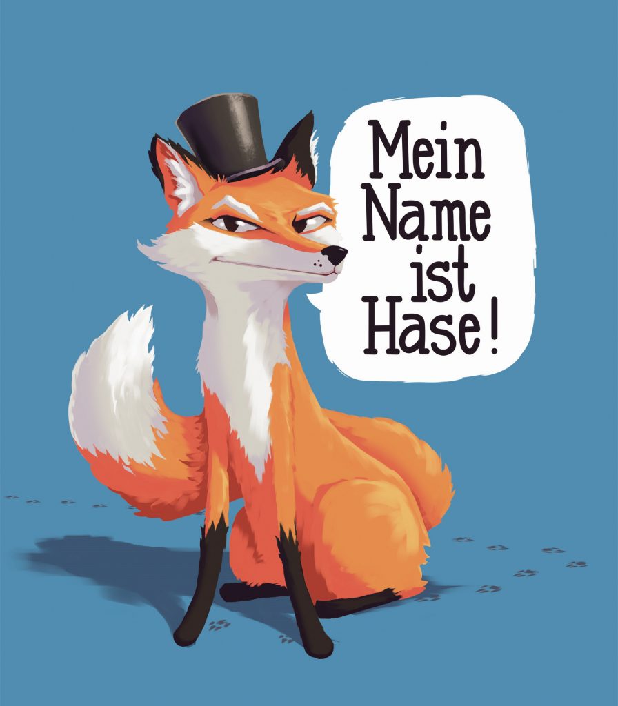 gezeichneter Fuchs mit Sprechblase "Mein Name ist Hase"