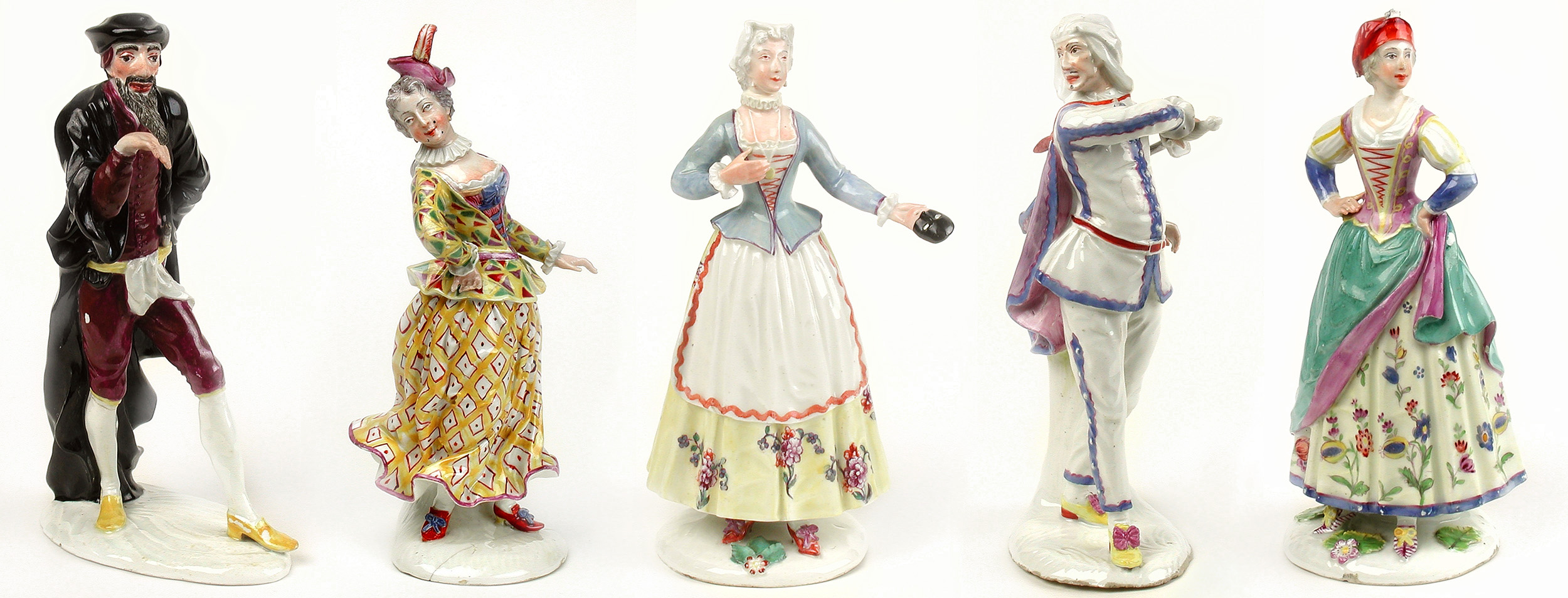 Fünf Porzellanfiguren der Commedia dell'Arte
