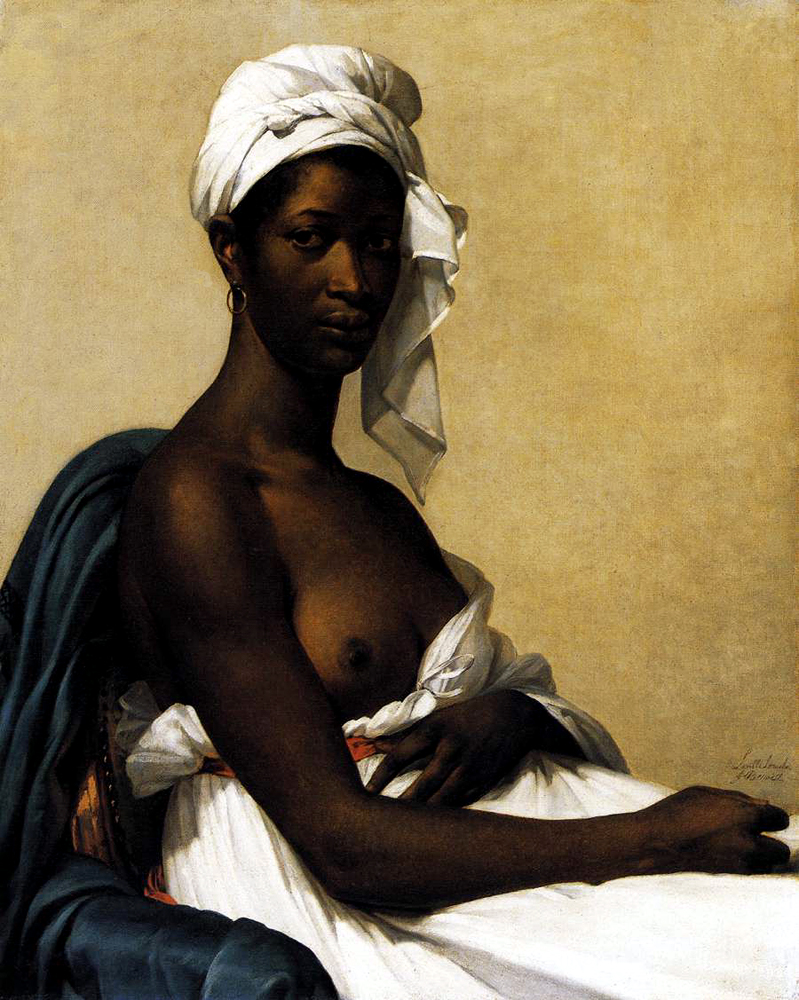Portrait einer schwarzen Frau mit Turban. Sie sitzt und entblöst eine Brust.