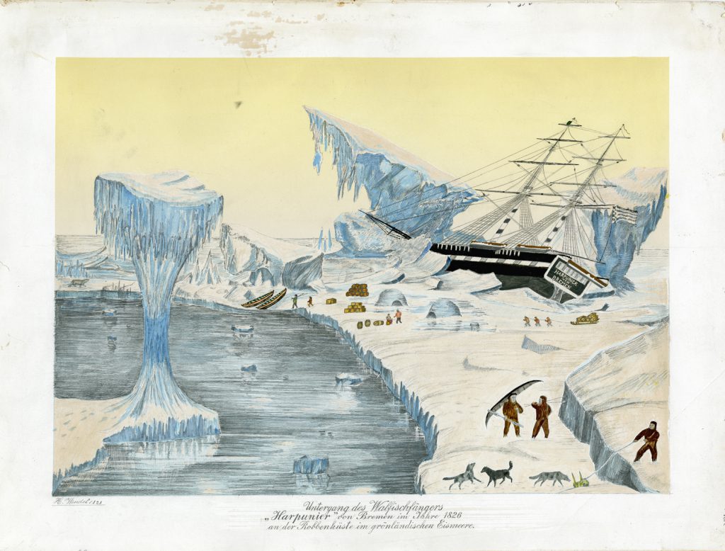 Zeichnung vom Untergang eines Walfangschiffs