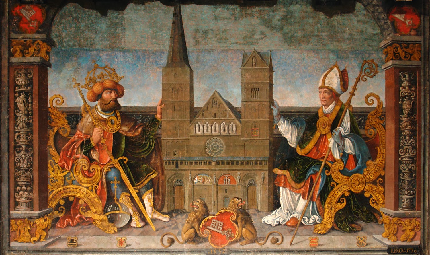 Kaiser Karl der Große und Bischof Willehad stehen neben dem Rathaus. Das Fresko hängt im oberen Saal des Rathauses. 