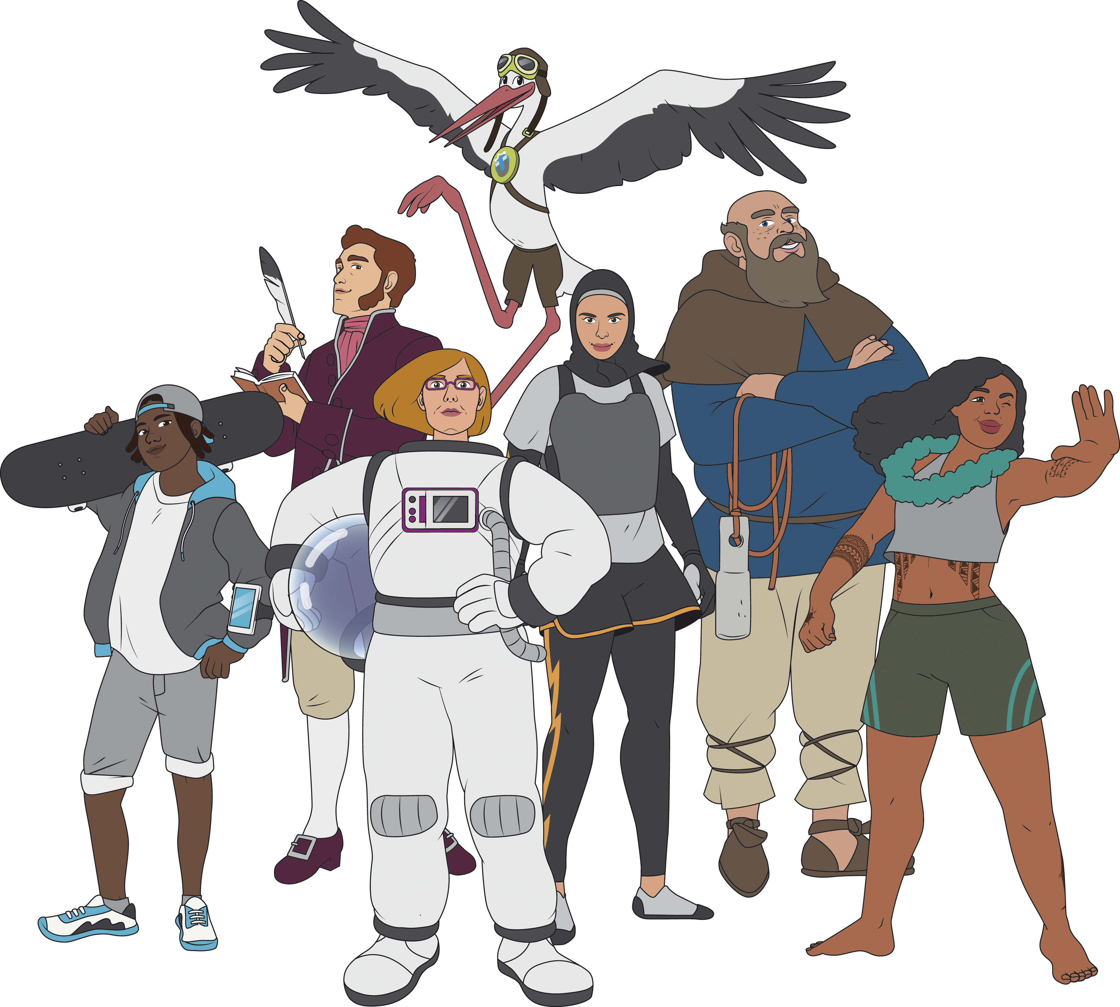 Sieben Comic-Figuren, die verschiedene Navigationsfähigkeiten haben.: Junge mit Skateboard, Mann mit Karte und Feder, Astronautin, Storch, Weltumseglerin, Kapitän und Naturkennerin.