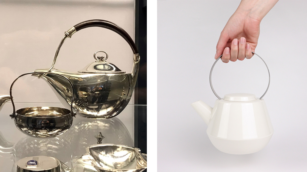 Historische silberne Teekanne und weiße, moderne Teekanne aus Porzellan