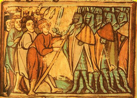 Bauern und Ritter kämpfen gegeneinander. Die Schlacht bei Altenesch wurde im 13. Jahrhundert in der Sächsischen Weltchronik dargestellt. 
