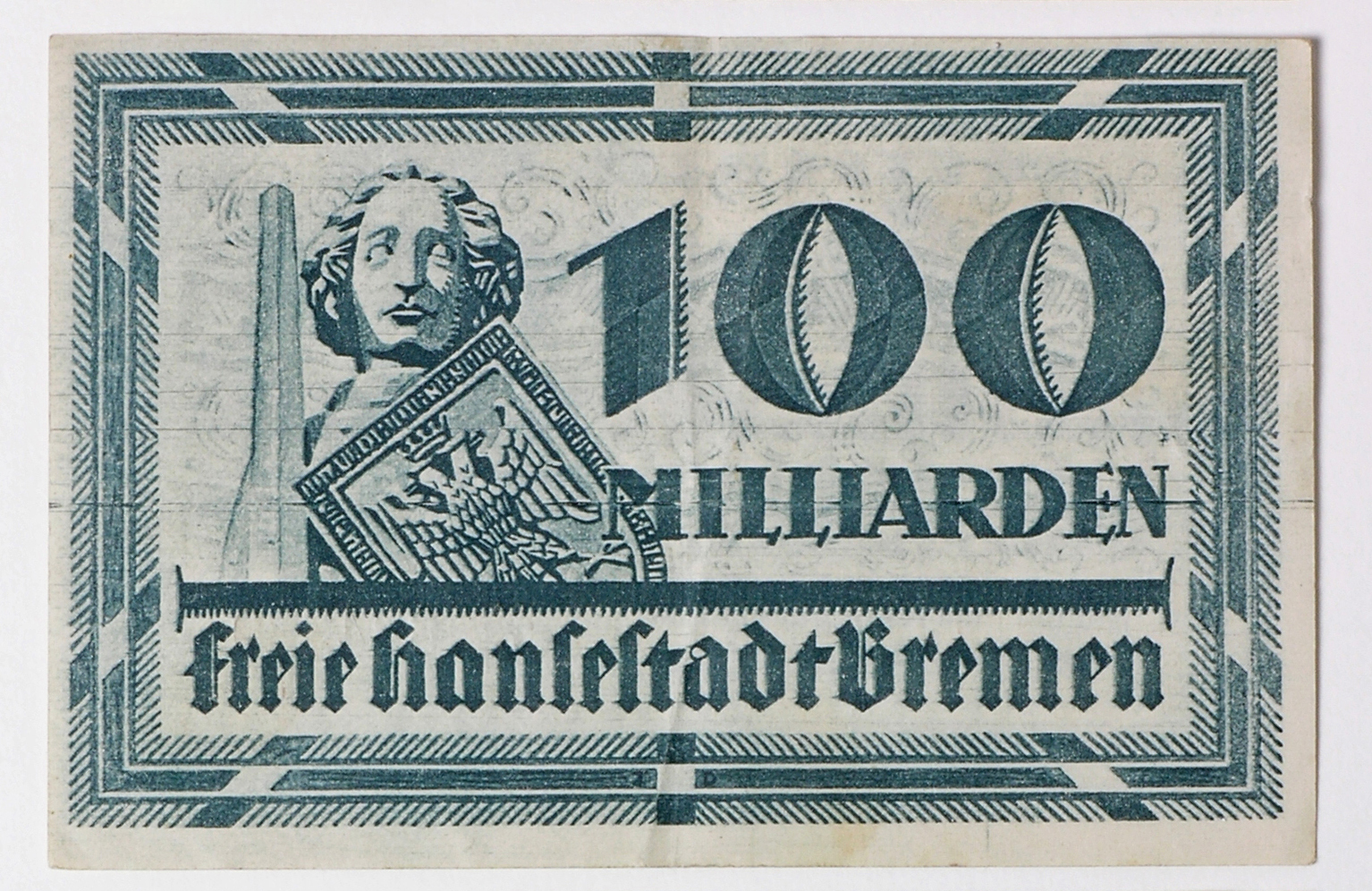 Auf der 100-Milliarden-Mark-Banknote ist der Roland zu sehen.
