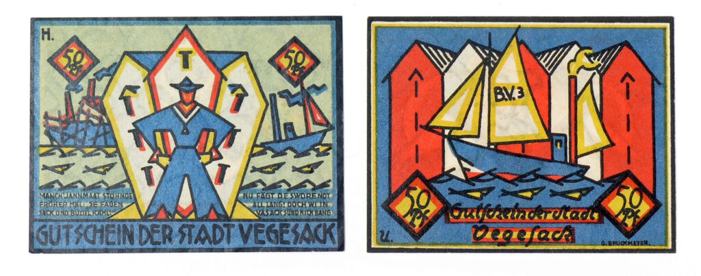Zwei farbige Banknoten mit maritimen Motiven wie einem Seemann und Lagerhäusern schmücken die 50-Pfennig-Noten der Stadt Vegesack aus dem Jahr 1921. Sie sind Teil der Sammlung des Focke-Museums.