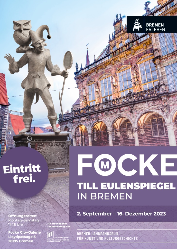 Plakatmotiv zur Ausstellung. Zu sehen ist ein Till Eulenspiegel-Denkmal auf dem Marktplatz in Bremen. Das Bild wurde mittel KI generiert. 