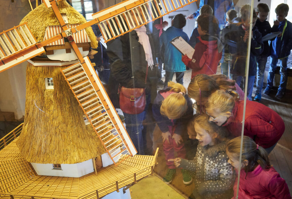 Kinder schauen sich das Modell der Oberneulander Mühle an