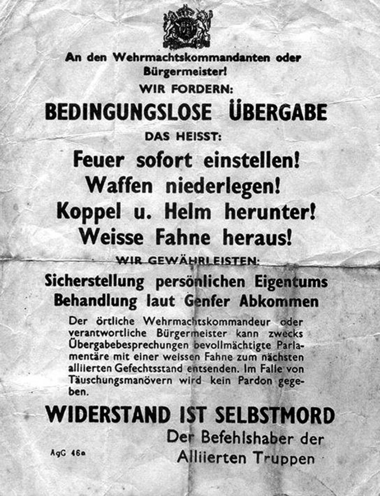 Flugblatt der Alliierten, in dem die Bremerinnen und Bremer aufgefordert werden, sich bedingungslos zu ergeben.