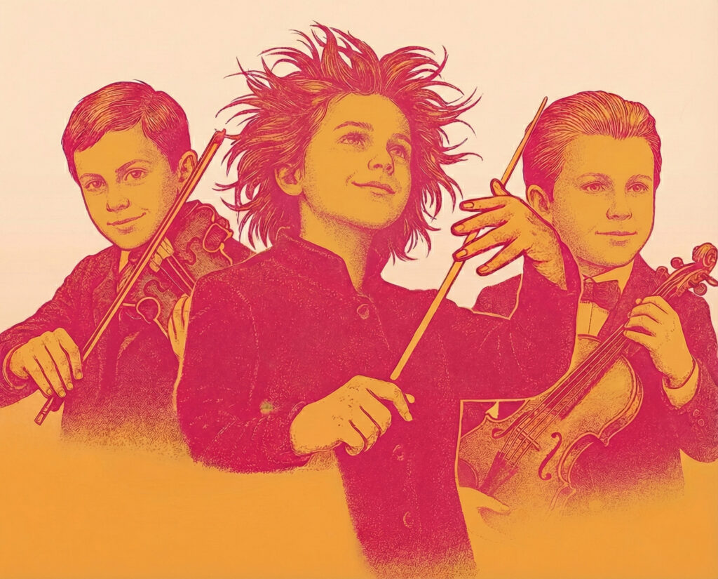 Drei Kinder, die Instrumente spielen und dirigieren. BIld mit KI generiert.