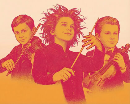 Drei Kinder, die Instrumente spielen und dirigieren. BIld mit KI generiert.