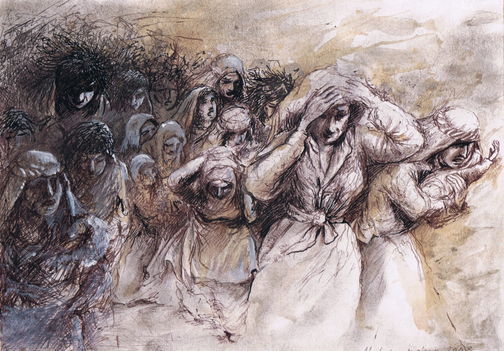 Die Zeichnung zeigt Menschen im Erdbebengebiet. Man sieht Frauen, die sich die Hände über den Kopf halten, während sie flüchten.