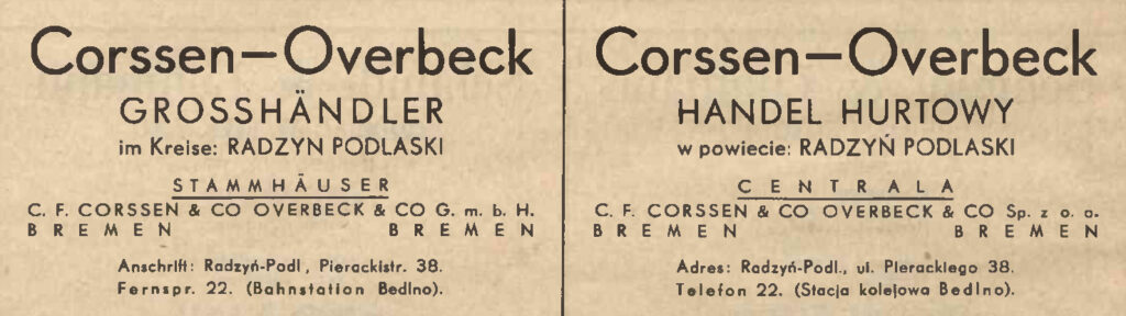 Zeitungsanzeige vom Großhändler Corssen-Overbeck auf deutsch und auf polnisch mit Adressen der Stammhäuser und Produktionsstätten