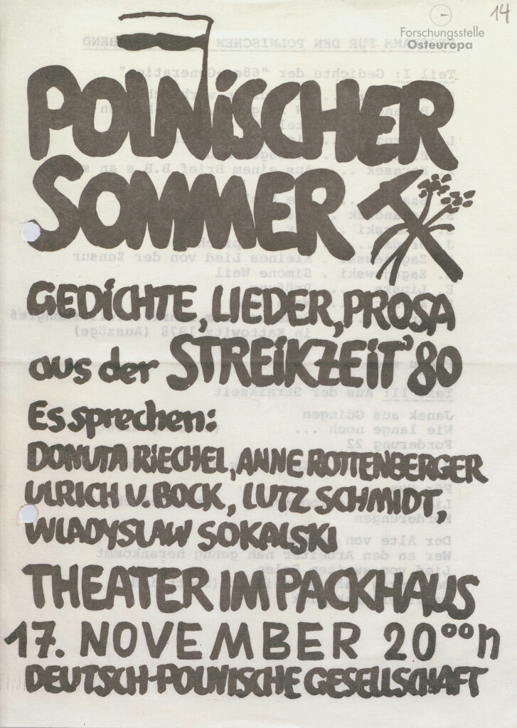 schwarz-weißes Plakat mit Text. Überschrift: Polnischer Sommer - Gedichte, Lieder, Prosa aus der Streikzeit '80