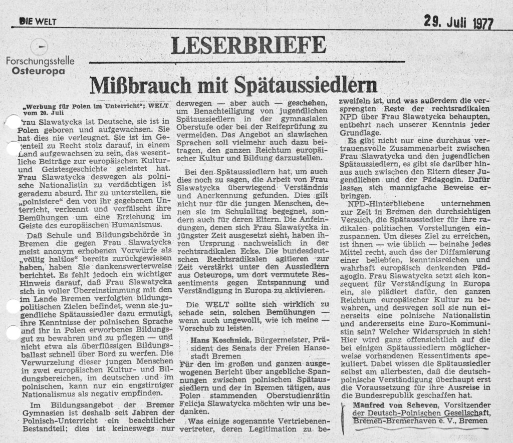 Ausschnitt aus der Zeitung "Die Welt" mit einem Leserbrief