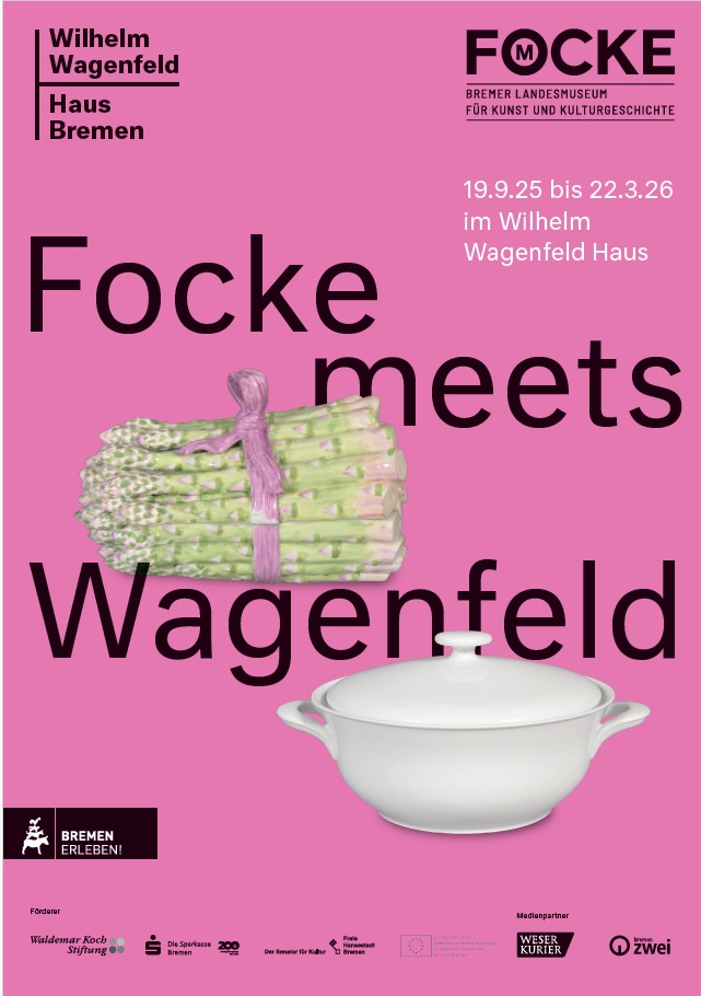 Ausstellungsplakat mit einer Spargelterrine und einer minimalistischen weißen Suppenterrine.
